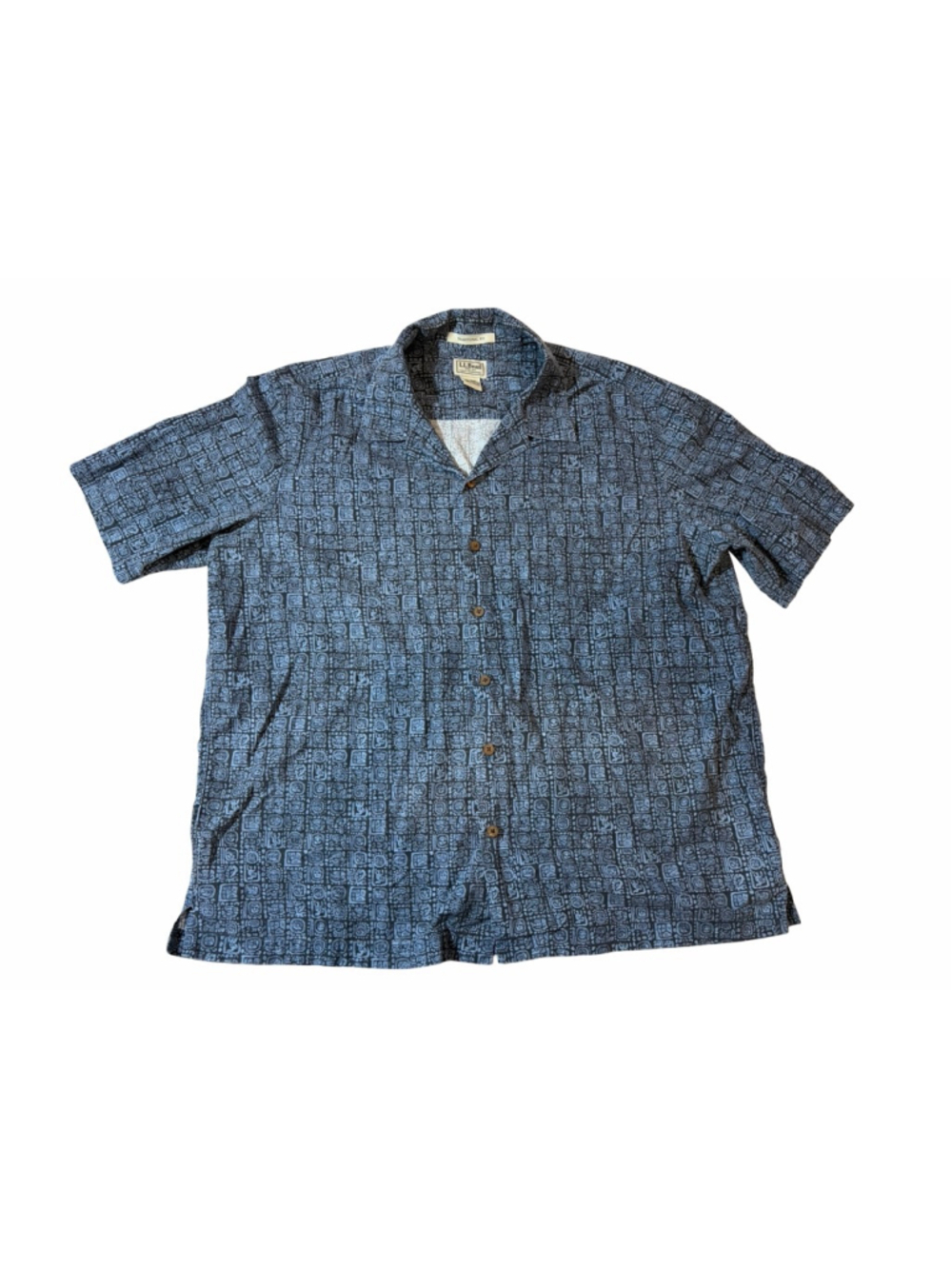 L.L.Bean Hawaiian Camp Shirt XL Blue Tribal Geometric Wooden Button Cotton